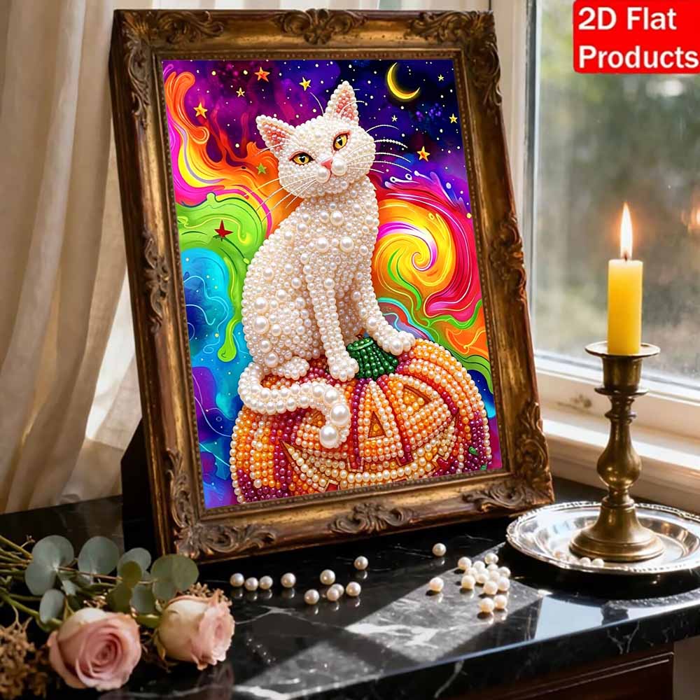 DIY rahmenloses Perlenkunst-Set Bunte Katze auf Kürbis-Design 3D-Perlenmalerei-Leinwand Entspannendes handgemachtes Handwerk für einzigartige Wohndekoration