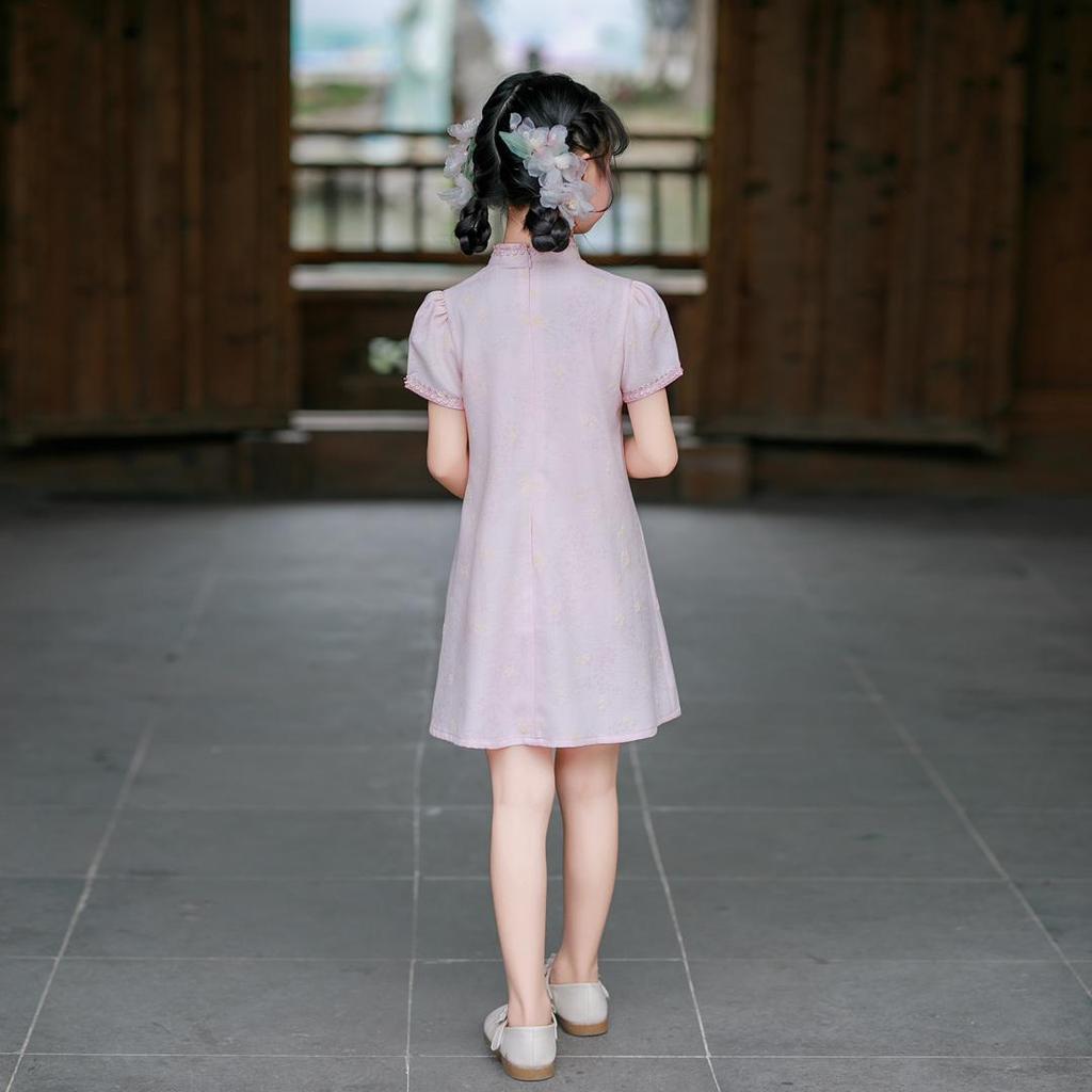 2026 Pink Cheongsam Summer Dress for Girls - Princess Round Neck Design