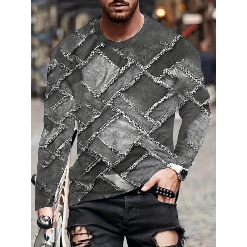 T-shirt da uomo a maniche lunghe, patchwork, a quadri, color block, stampa 3D, magliette casual larghe, top da strada, maniche corte