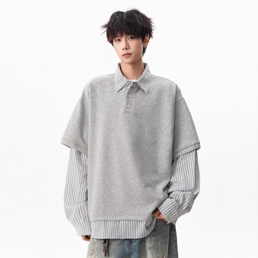 Fake Two-piece Striped Polo Blouse Sweater Mens Autumn Comfortable Fit Versatile Lapel Top