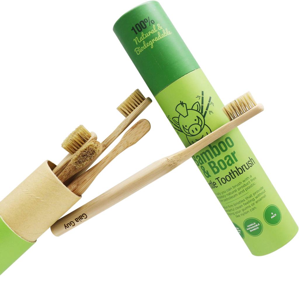 Natural bristle bamboo toothbrush (nylon-free) - 100% biodegradable, boar bristles, bamboo handle, zero waste - 6-pack