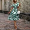 2026 spring and summer short-sleeved V-neck leaf print big swing skirt waist dress fairy skirt