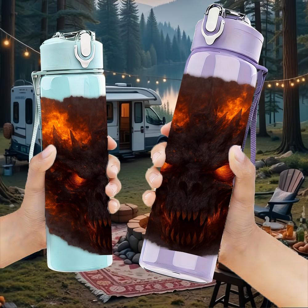 1PC Fiery Dark Demon Beast Fantasy Print 750ml Color Plastic Sports Water Bottle Leakproof Flip Straw Lid Suitable for Sports Office Home Use