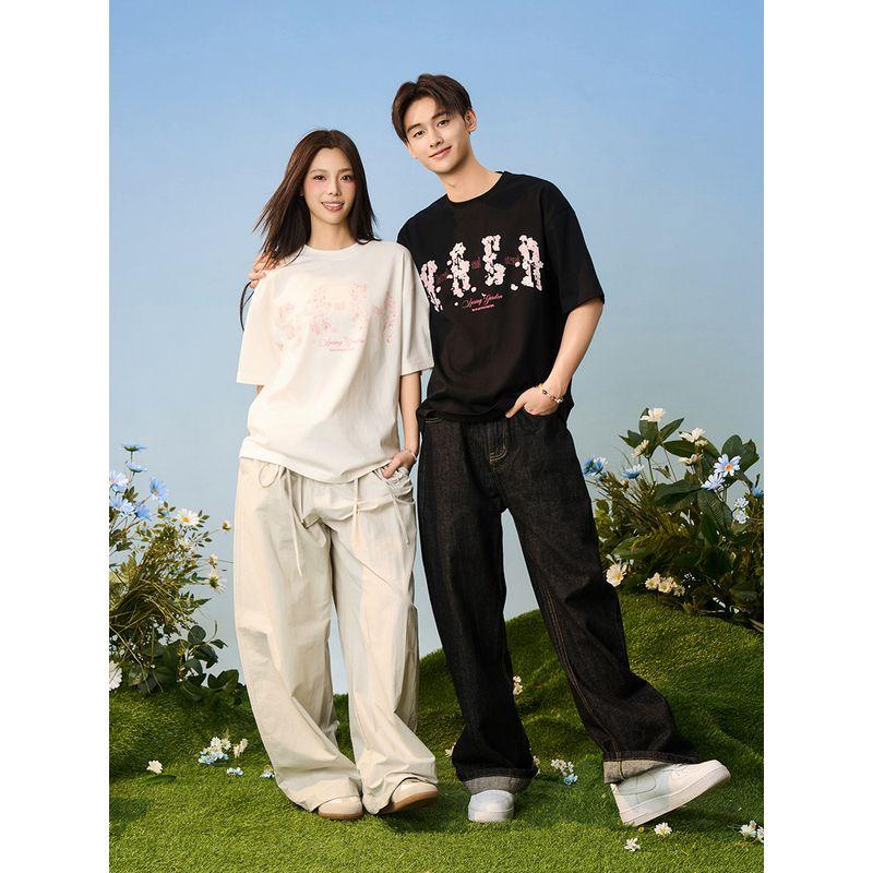 HACR | Harshandcruel Falling Cherry Blossom Loose round Neck Couple Chinese Fad Short Sleeve T-shirt for Men and Women