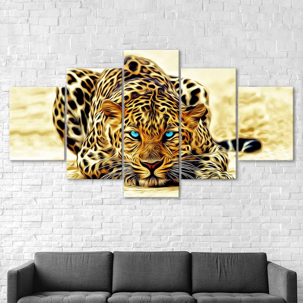Leopard Animal Blue Eyes 5 Piece Five Panel Canvas Print Modern Wall Art Poster Home Decor For Him For Her Gift