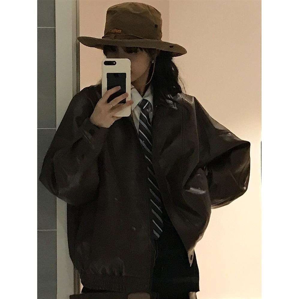 Women's Retro Brown & Black Leather Motorcycle Jacket - Spring/Autumn Loose Outerwear