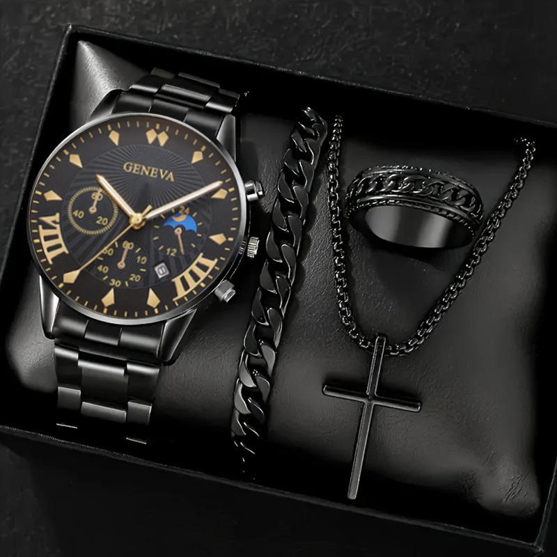 Watch Set, Watch, Men's Glass Quartz Watch, Steel Belt, One Men's Watch.