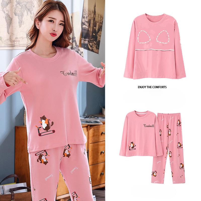 New Autumn Pajamas with Chest Pad Women Knitted Cotton Pajama Set Homewear Pijama Mujer Long Sleeve Casual Soft Female Sleepwear