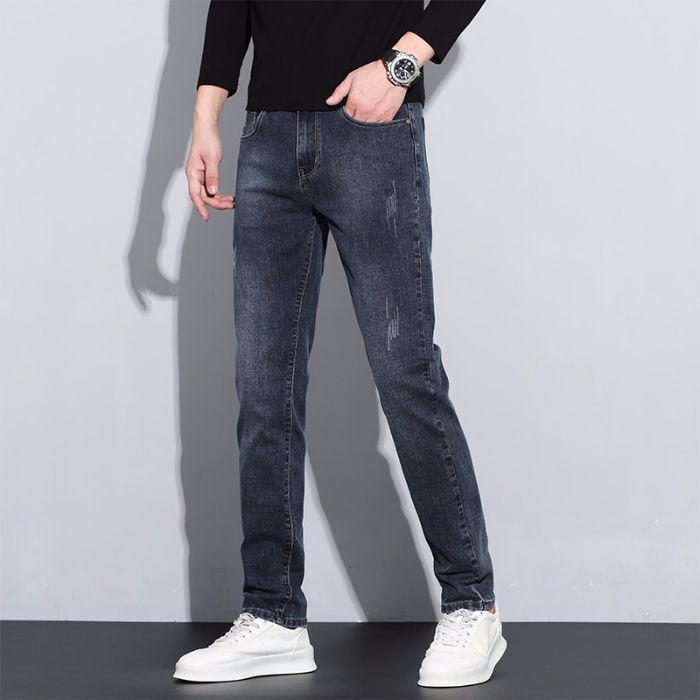 Men's European Slim Straight Elastic Jeans with Velvet, Cat Whisker Design for 2024 Autumn/Winter.
