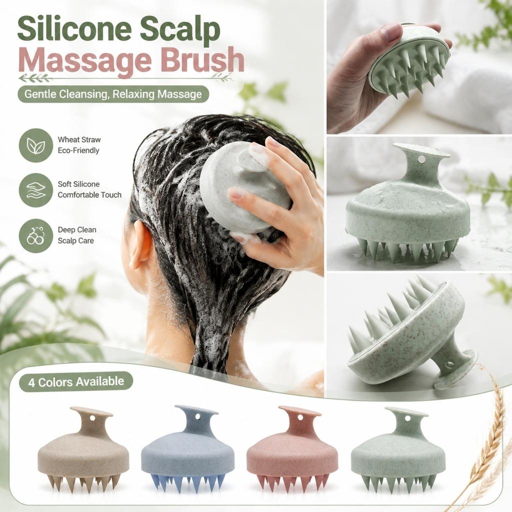 Silicone Scalp Massager Shampoo Brush Biodegradable Wheat Straw Handle Hair Cleaning Scalp Exfoliating Brush for Shower Bathing and Hair Care