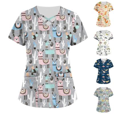 Uniforme de travail imprimé mignon grande taille, hauts pour femmes, col en v croisé, manches courtes, T-Shirts amusants, vêtements de travail, t-shirt avec poches