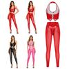 Women Glossy PU Leather Outfit Halter Crop Top Back Lace Up Multi Zip High Waist Leggings Y2k Clubwear