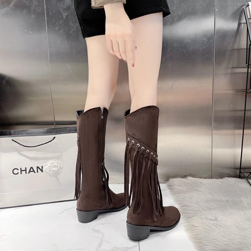 Women Boots Autumn/winter Plus Size 43 Knight Boots Tassel Retro New Style Rivet Belt Buckle Zipper Fashion Luxury Modern Boots