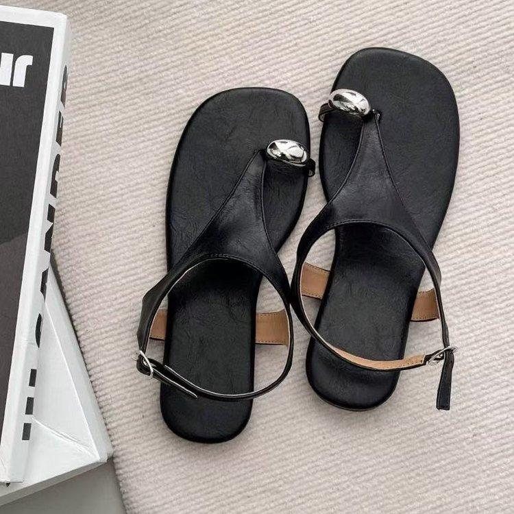 Retro one-word buckle with flat-bottomed set of toe sandals for women's 2025 summer new leather toe Roman open-toed sandals