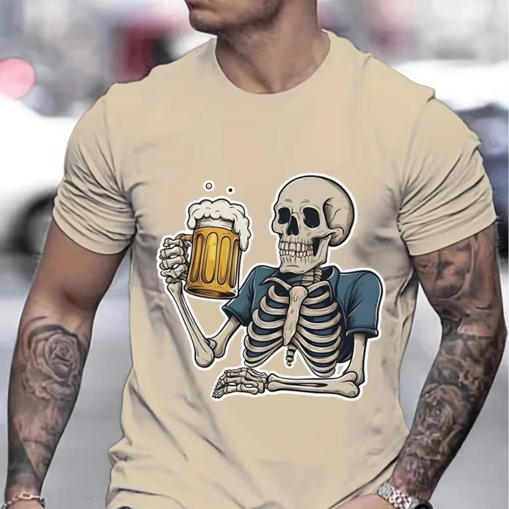 Cheering Skeleton Beer Print Men T-shirt Creative Skull and Beers Graphic Classic Tops Beer Lover Gifts Funny Summer T-shirt Men