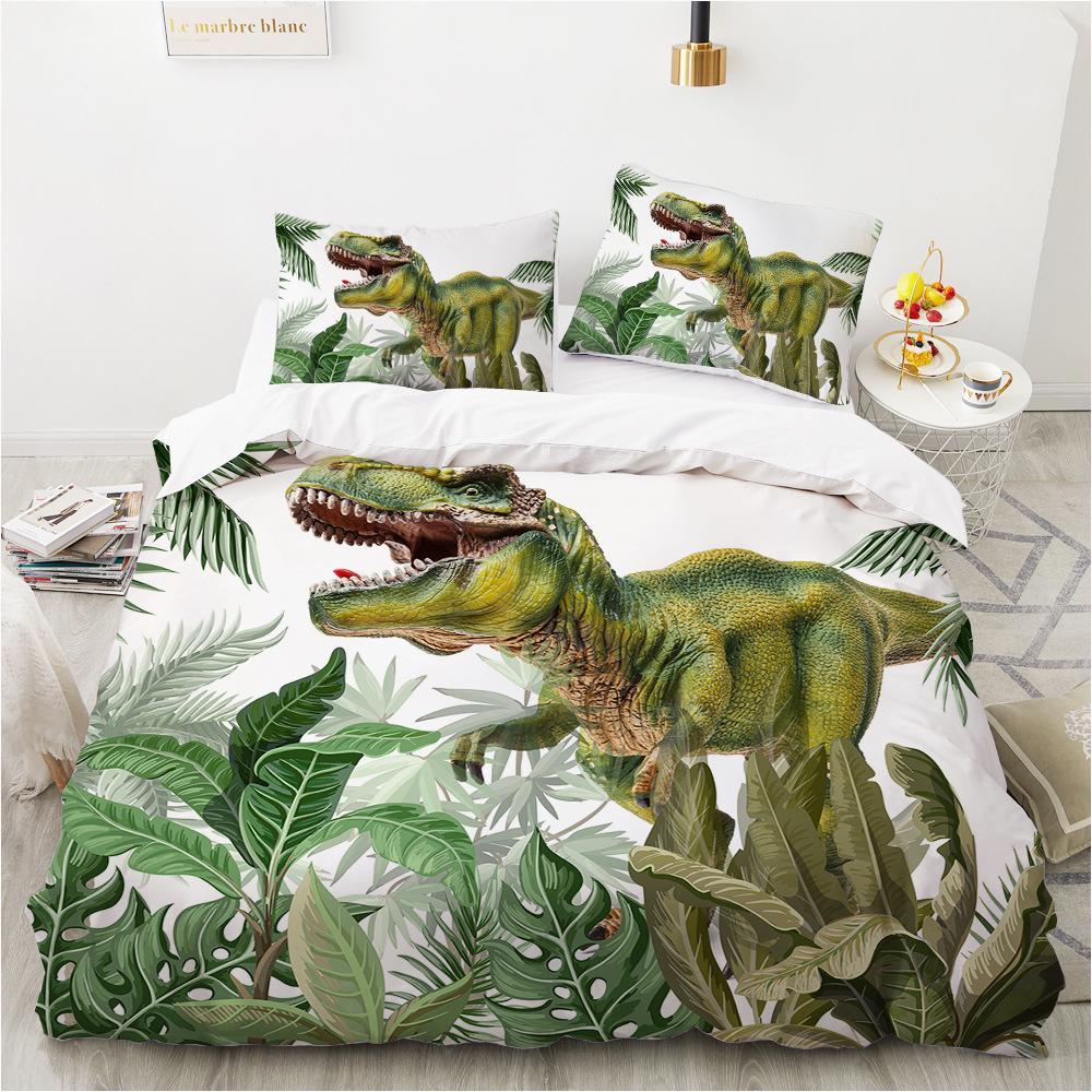 Housse de couette à motif de dinosaure de dessin animé Impression numérique 3D Taie d'oreiller Chambre (Ensemble de trois pièces) Ensemble de literie