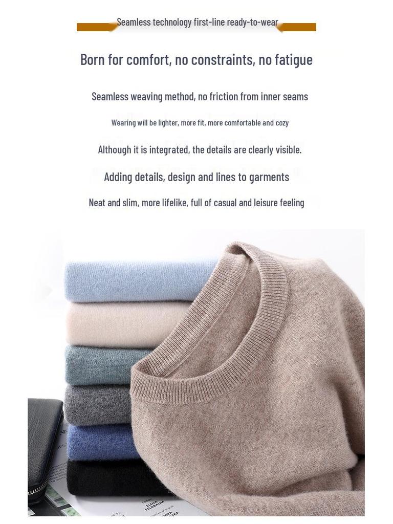 Men's 100% Pure Wool Crew Neck Sweater - Medium Thickness, Solid Color Knitwear for Autumn and Winter Warmth