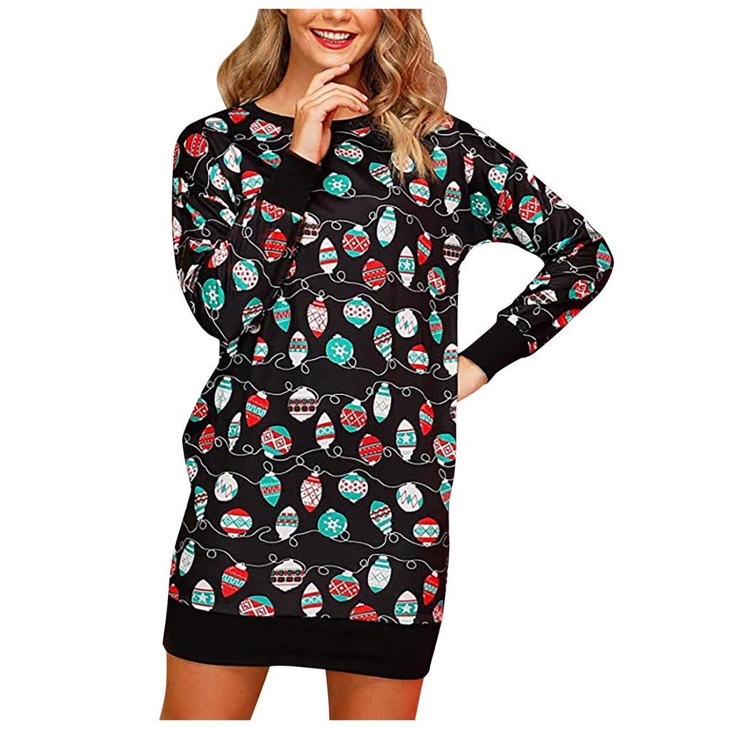 Kvinners Mote Julemann Trykt Snømann Lyslenke Langermet Kjole