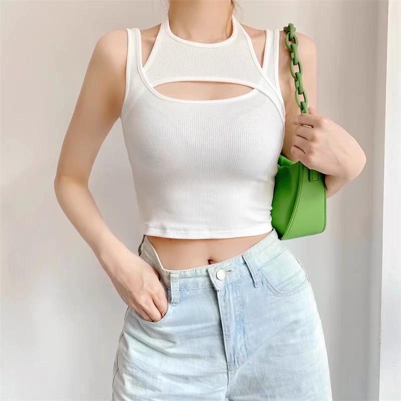 Asymmetrical Crop Top Y2k E-girl Hollow Out Knitted Corset Top Sleeveless O Neck Mini Vest Basic Casual Sporty  Summer