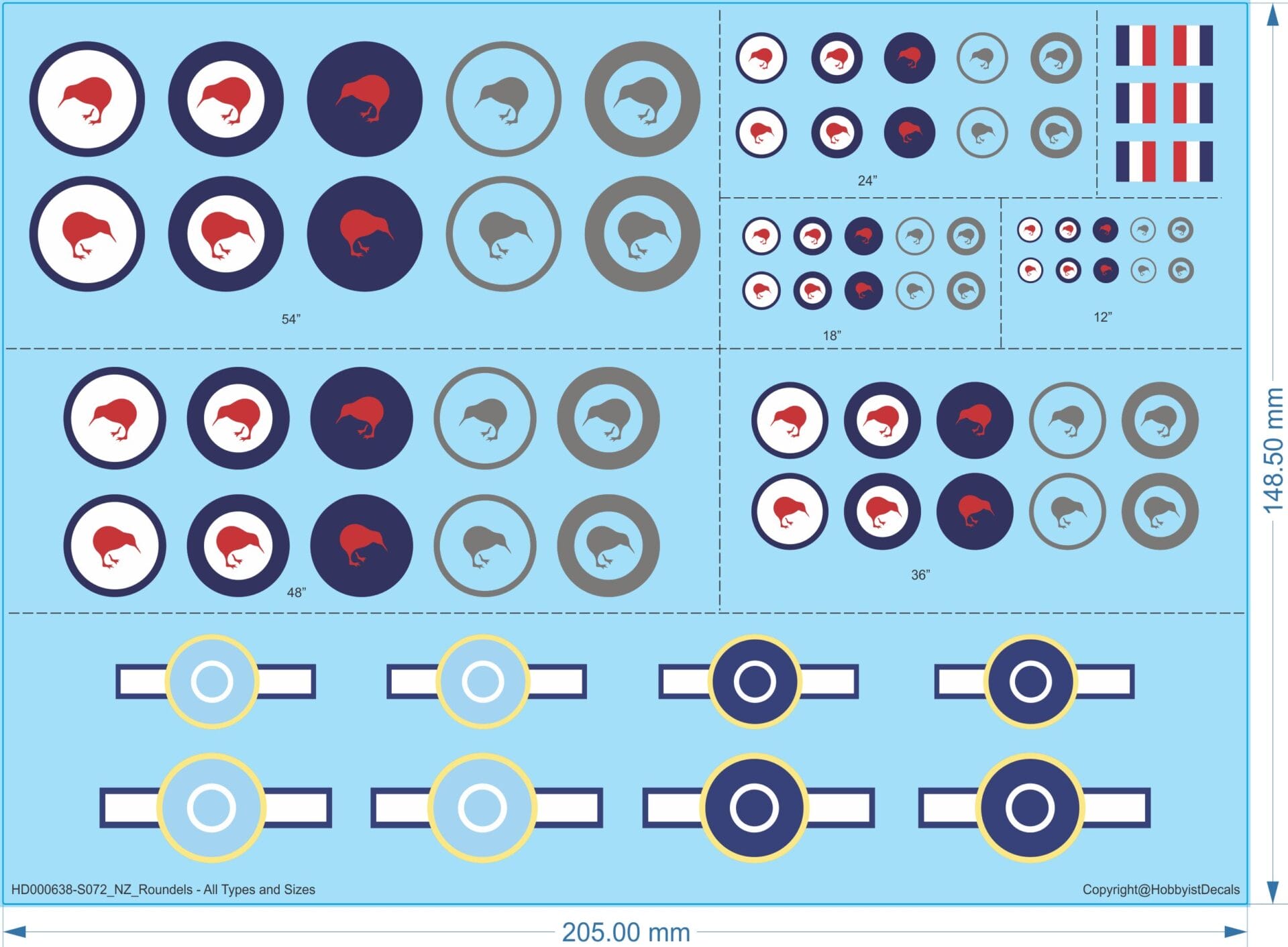 NZ Roundels - All Types and Sizes - 1/48 1/72 - Water Decal - Waterslide, 1/48