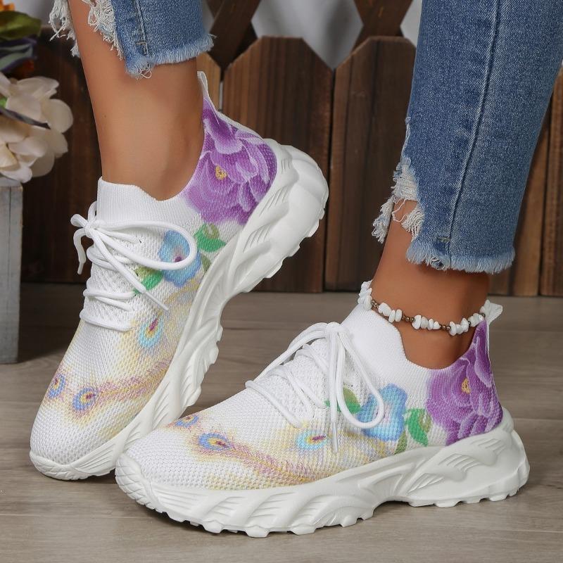 Mode Atmungsaktive Sneaker für Damen 2024 Frühling Neue Schnürung Floral Freizeit Schuhe Laufen Walking Sport Ballerinas Damen