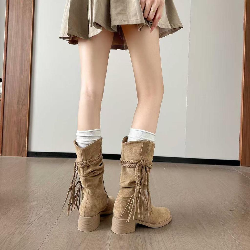 Autumn and winter new thick-soled heightening western boots high-heeled retro-style knight boots fringed thick-heeled medium boots stacking boots