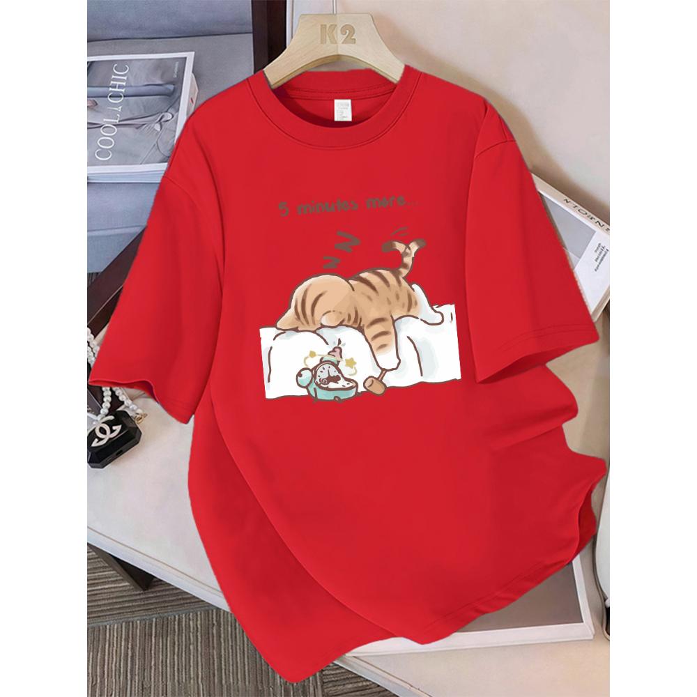 Women T-Shirt Cotton Summer The Cat That Always Wants To Sleep Pattern Prints T Shirt O-Neck Soft Loose Tops Basic Woman Clothes