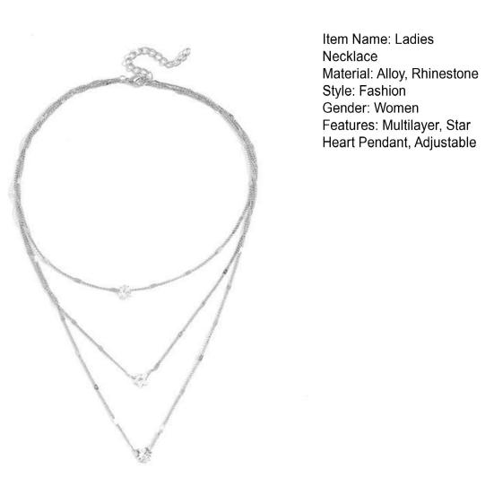 Shiny Rhinestone Adjustable Extension Chain Women Necklace Heart Star Charm Layered Pendant Necklace Party