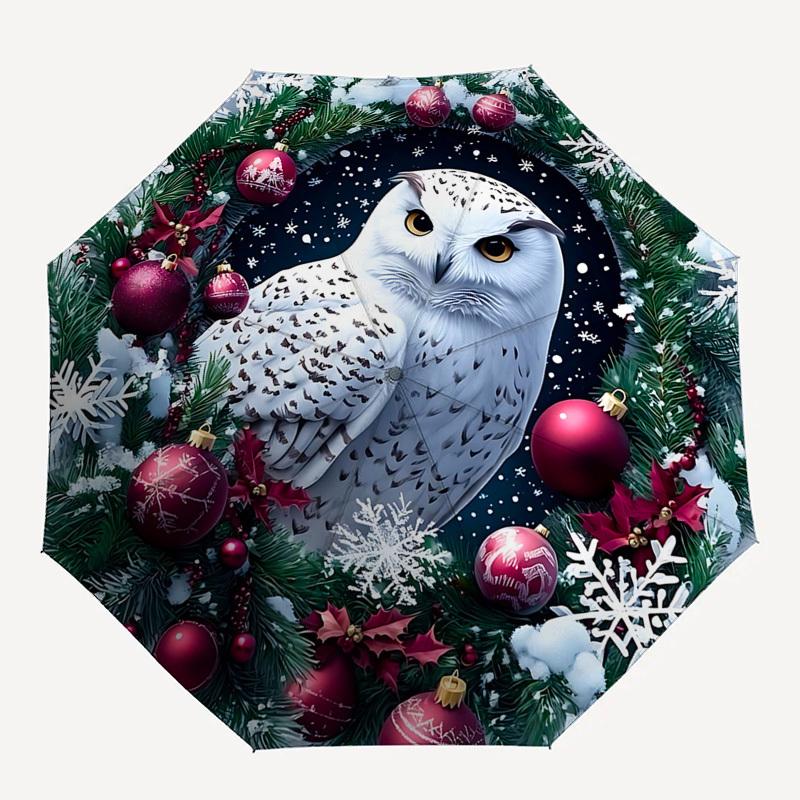 1pc Snowy Owl Festive Christmas Ornament with Automatic Opening Folding Design, 3-Fold Iron Frame Outdoor Umbrella, Perfect Gift for Fans, Travelers,
