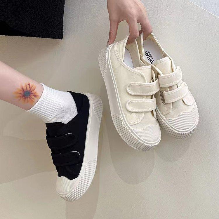 Cream Color Two-Way Canvas Shoes for Women  Summer New Round Toe Soft-Soled Velcro Casual Sports White Shoes Women