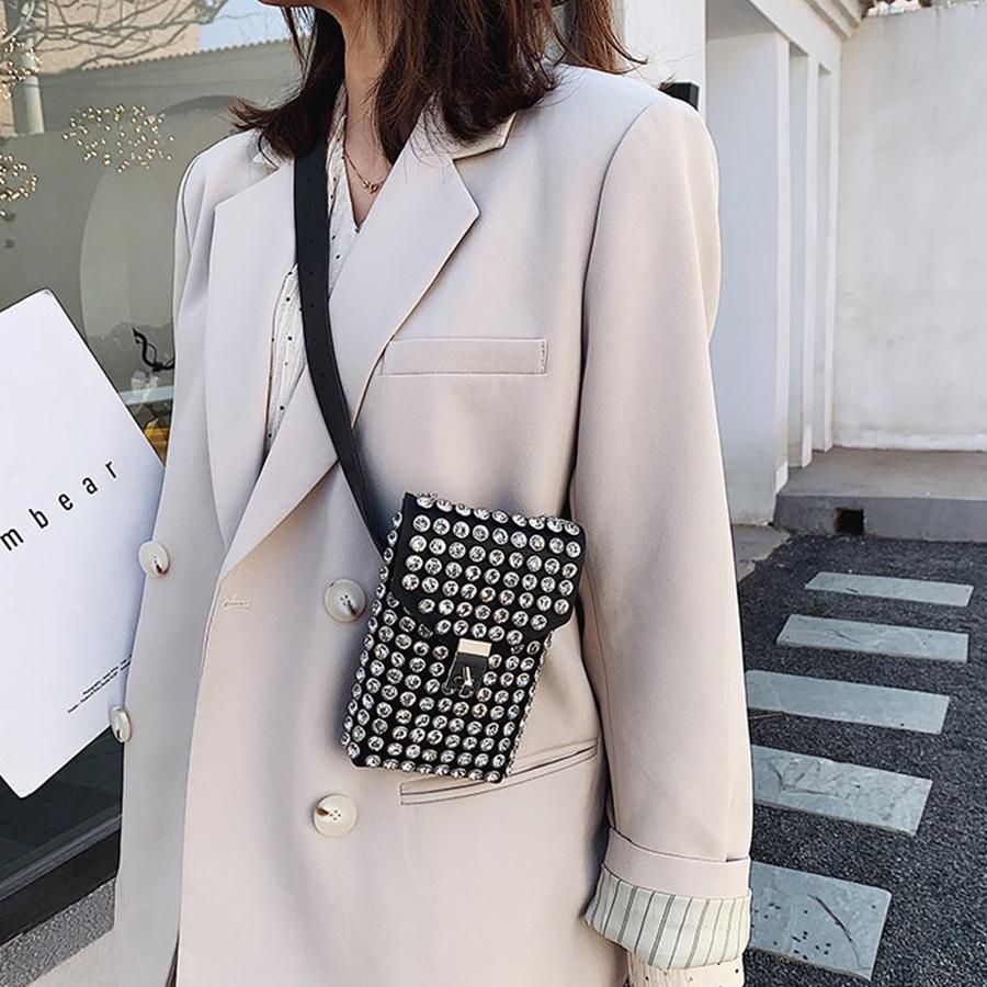 Shiny rhineste mobile phe wallet, chain shoulder lipstick small bag, dinner party flap messenger bag pu leather waist bags