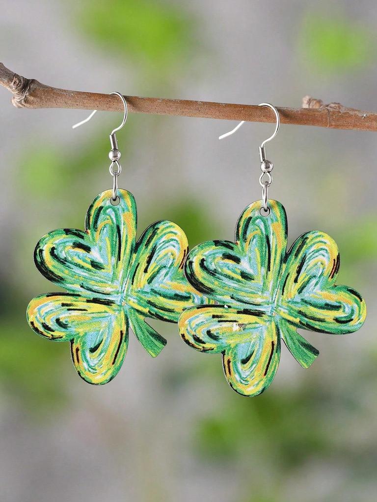 1 Pair Earrings, Vintage Painted Heart, Clover, Four-Leaf Clover Pendant Earrings, Women Double-Sided Earrings, Gift