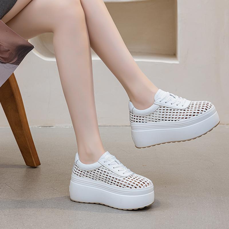Summer woven hollow breathable muffin shoes women's 2025 summer new solid color lace-up board shoes thick sole 8 cm