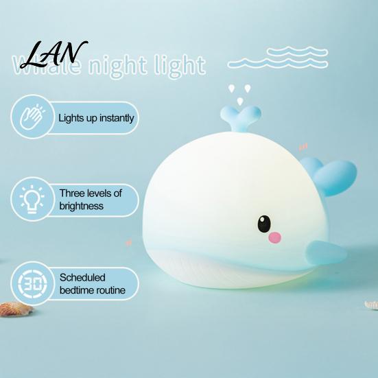 Portable Animal Night Light Cute Whale Silicone Touch Light, USB Rechargeable Bedside Lamp with Charging 3 Brightness & Remote Control, 30 Min