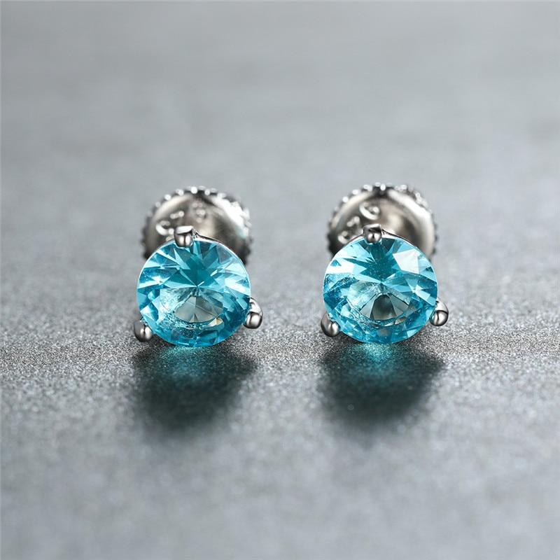 Light Blue Round Gemstone Stud Earrings Retro Modish Stylish Women Adorable Aquamarine  Color Cubic Zircon Screw Back