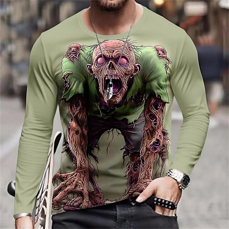 Monster Print Casual Men's Long-sleeved T-shirt Outdoor Vacation Round-neck Long-sleeved Spring and Autumn Clothing