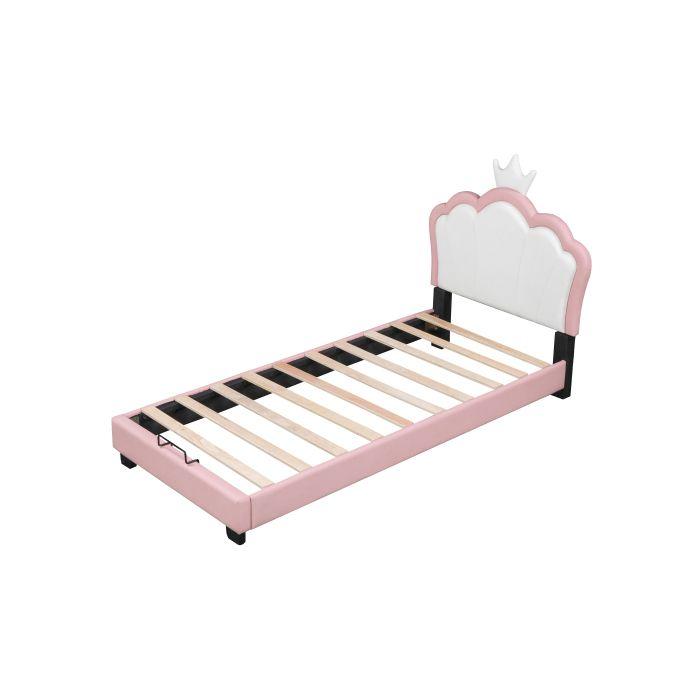 Lit Enfant - MUVOE - 90x200 Cm - Rose - Sommier À Lattes - Dossier En Forme De Couronne