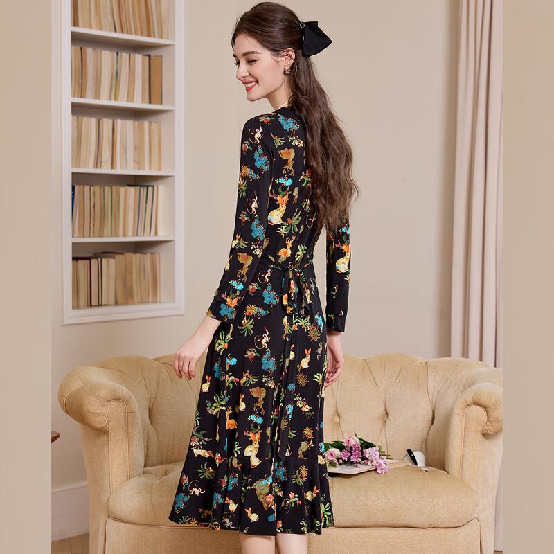Bailuyu 2025 Autumn V-Neck Floral Print Tie-Waist Midi Tea Dress