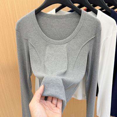 Simple Front Shoulder Long-sleeved T-shirt Women's Spring New Women's Clothing Slim-fit Round Neck T-shirt Fish Bone Waist Top