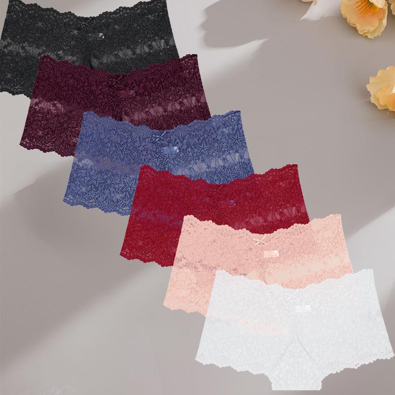 FINETOO 6 Stück/Set Damen Slips Aushöhlen Spitze Mittelhoch Elastisch Durchsichtig Sternspitze Vierkant-Hose Damen Unterhosen