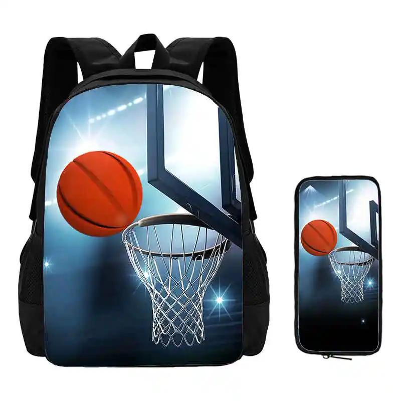 2Pcs Set Basketball Prints School Backpack with Pencil Bags for Kindergarten Cartoon Sports School Bags for BoysKids Backpack