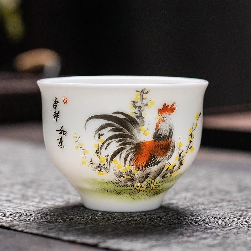 Cylinder Cup Chicken Ceramic Chinese Tea Cup Sheep Fat Jade Rooster Tea Cup Kung Fu Tea Ceremony Accessories Drinking Utensils