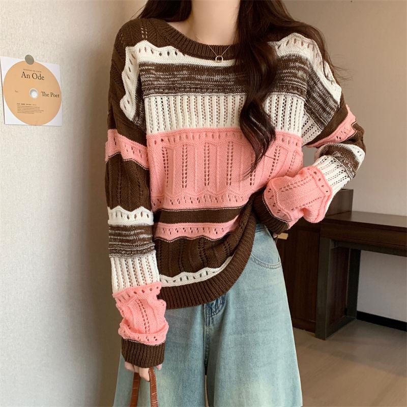 

Вязаный свитер с круглым вырезом, вдохновленный дизайном, женский весенне-осенний, ажурный, в цветной блок, полосатый, в стиле ленивый шик, топ с длинным рукавом One size