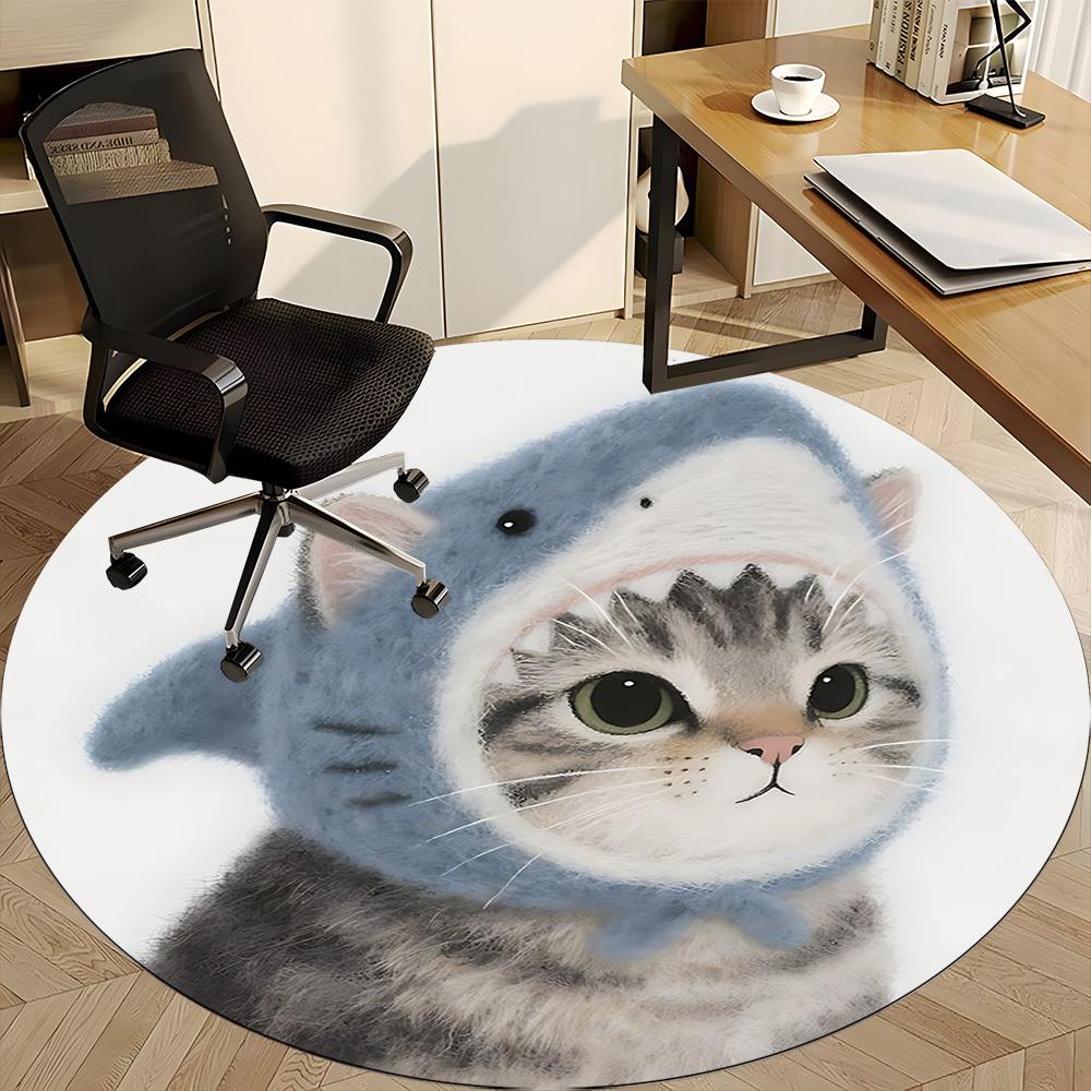 1PC Shark Cat Office Round Area Rug, Indoor Mat Suitable ForOffice, Under Office Chairs Bedroom Living Room Home Decor, Room Deco f171