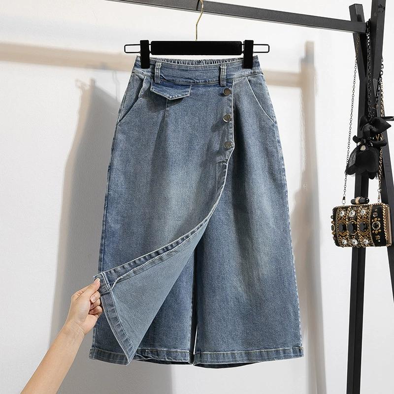 Ladies Spring Pleated High Waist A-Line Half Body Skirt Pure Color Vintage Slightly Elastic Seven Points Pants
