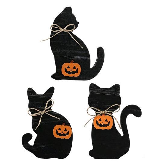 Witch Hat Table Decorations 3Pcs Halloween Decoration, Black Cat Ghost Decor, Figurines Rustic Farmhouse Wooden Centerpieces for Home Office