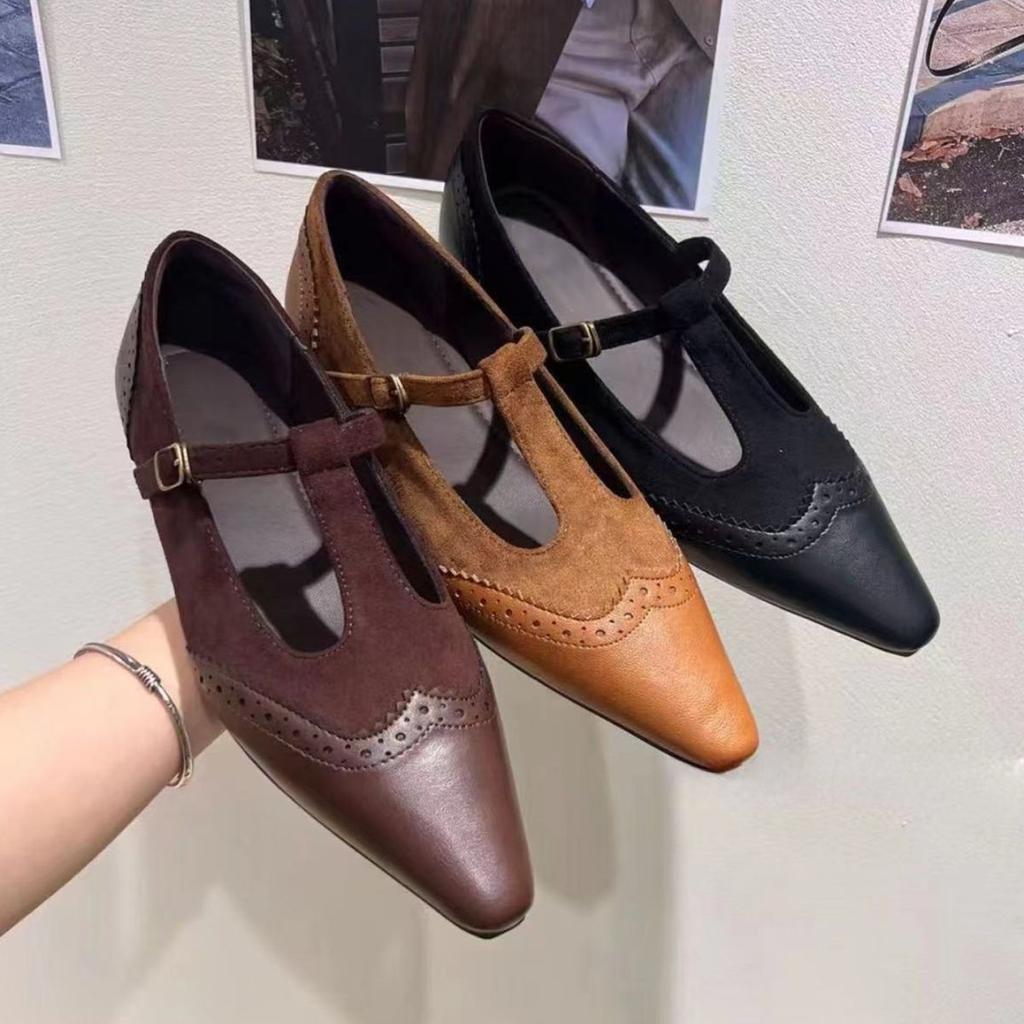 2025 høst og vinter nye franske retro spiss tå lav utringning enkeltsko damesko lav hæl T-spenne rem Mary Jane sko damesko