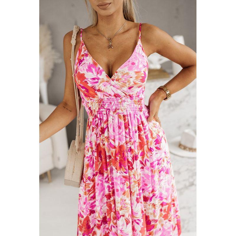 

Богемное европейское и американское модное платье-слинг с V-образным вырезом, с узором из листьев и цветов, облегающее талию, с открытой спиной, для отпуска, длинное, женское Pink 2XL