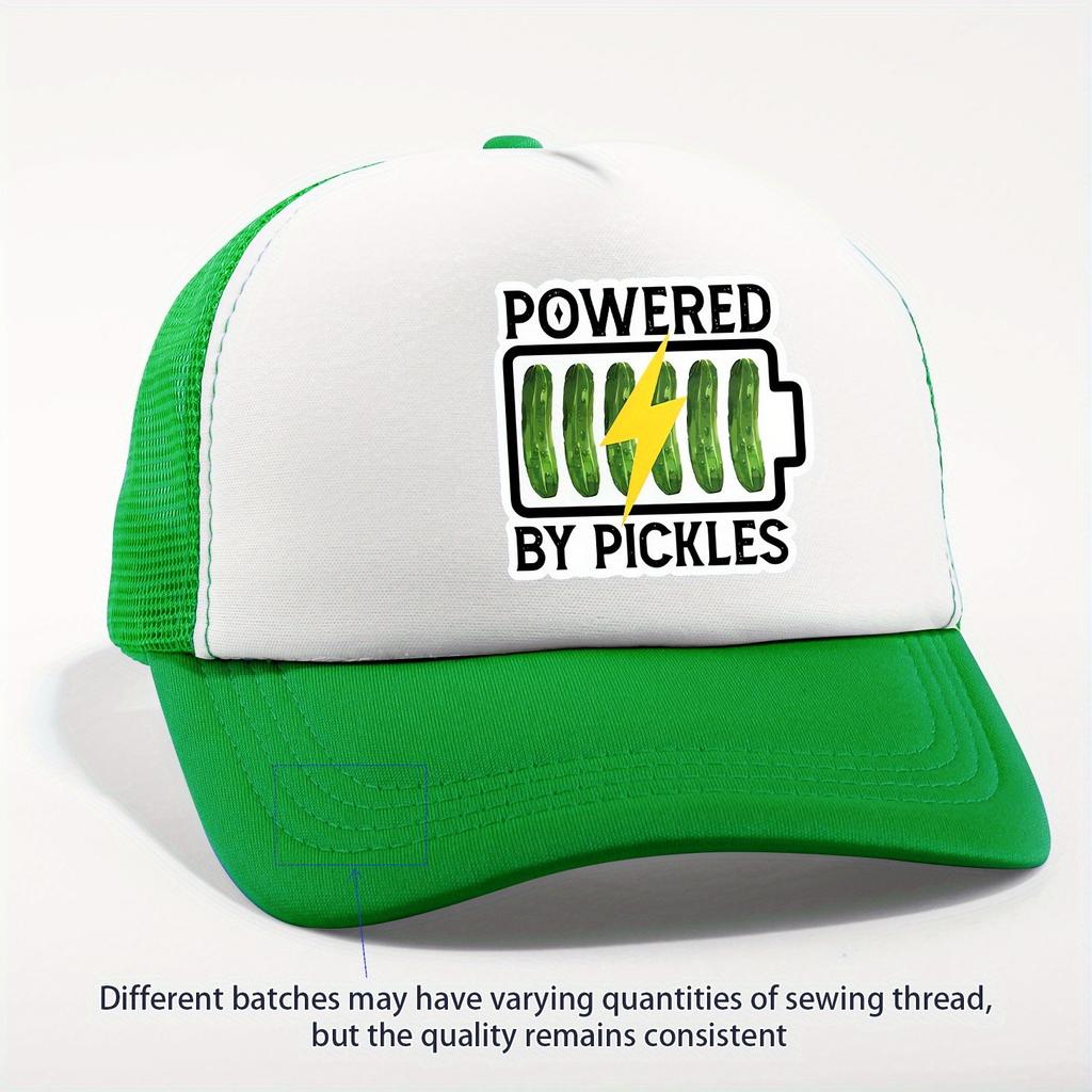 Powered By Pickles Battery Graphic Trucker Hat Breathable Mesh Adjustable Casual Cap