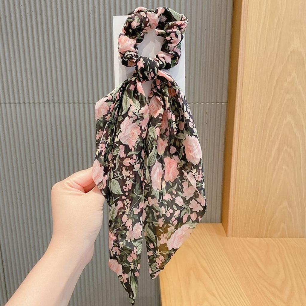 Satin Fabric Hair Scrunchie with Long Ribbon Bow Floral Pattern Elastic Ponytail Holder for Women and Girls Hair Accessories